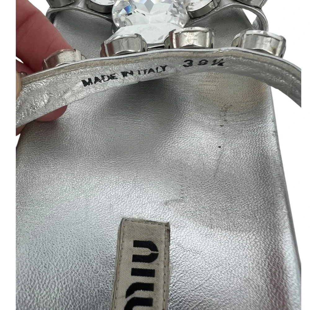 Miu Miu Argento Crystal Embellished Platform Slide Sandals Silver Size 39.5